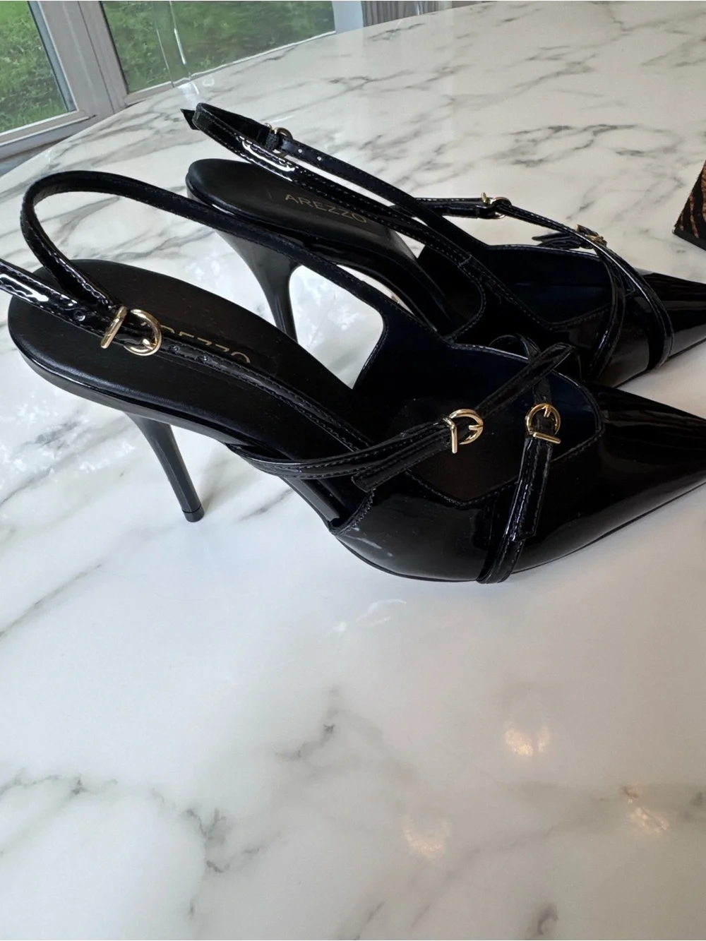 Arezzo Black Patent Pointed Slingback Heels